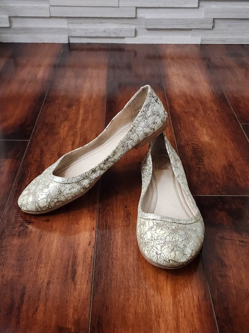 Frye Carson Ballet Flats Metallic Crackle Leather Gold Silver Women's Size 10